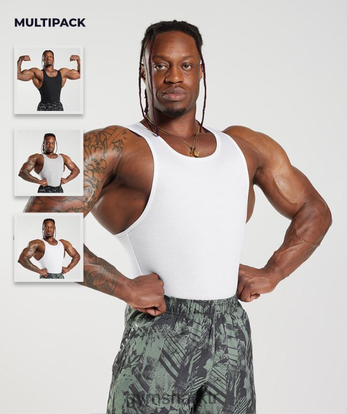 nervürlü tank 3pk 8H4J02908 Gymshark Giyim erkekler beyaz/siyah/taş gri kırçıllı