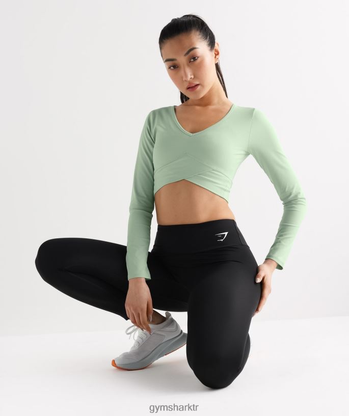 çapraz uzun kollu crop top 8H4J02454 Gymshark Giyim kadınlar sis yeşili