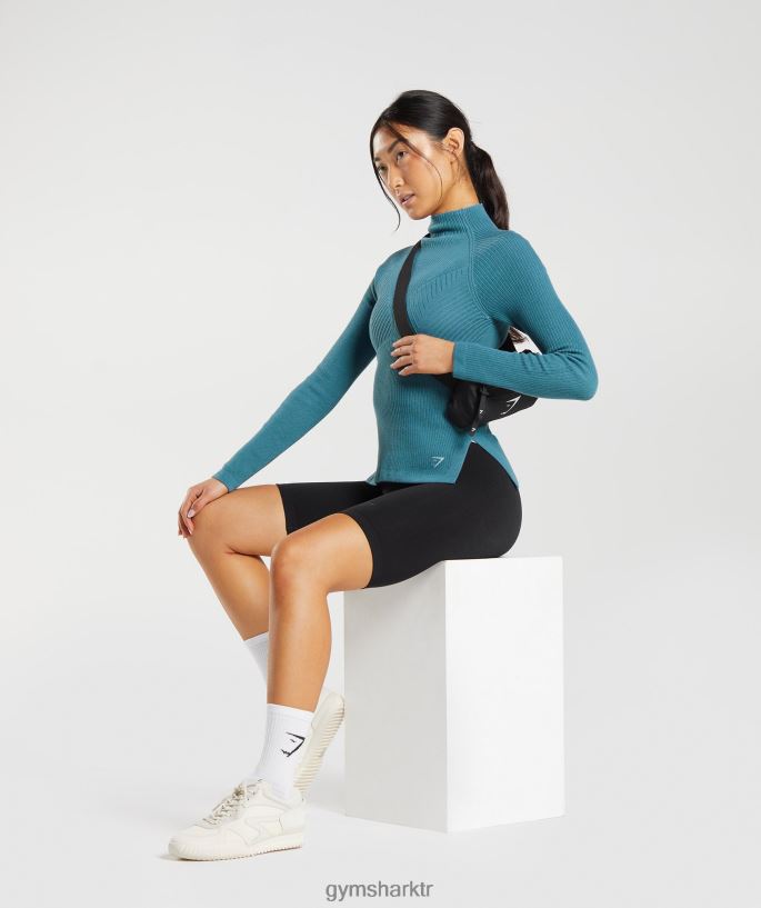 duraklama triko uzun kollu top 8H4J02446 Gymshark Giyim kadınlar kömürleşmiş mavi/uysal mavi