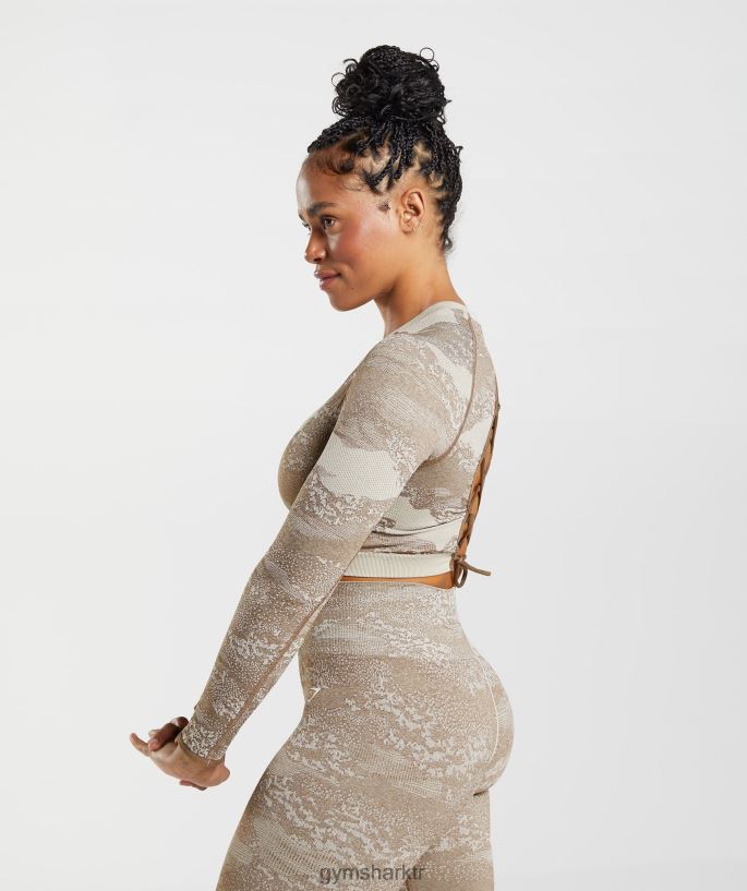 kamuflaj dikişsiz bağcıklı arka top 8H4J02458 Gymshark Giyim kadınlar çakıl grisi/ruh kahvesi
