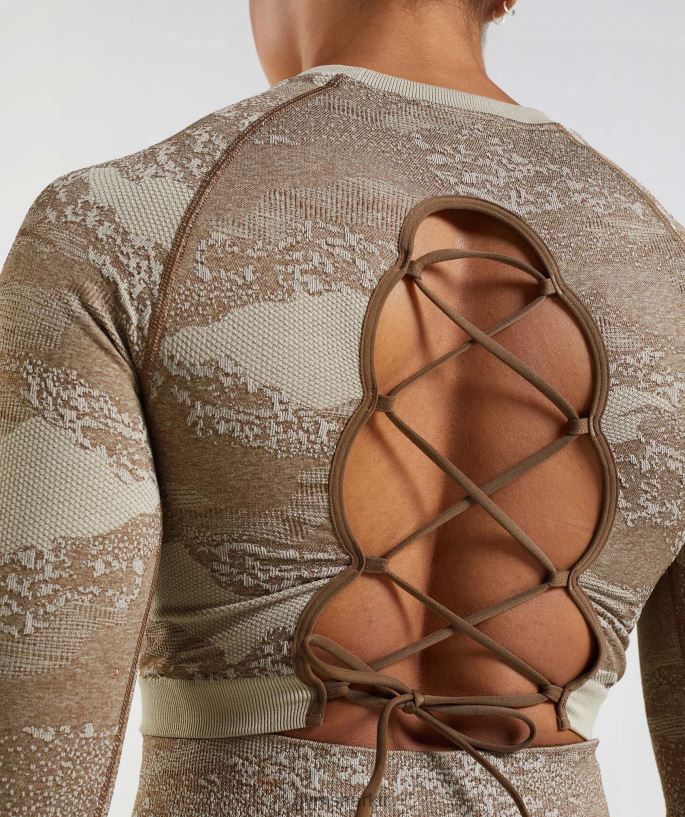 kamuflaj dikişsiz bağcıklı arka top 8H4J02458 Gymshark Giyim kadınlar çakıl grisi/ruh kahvesi