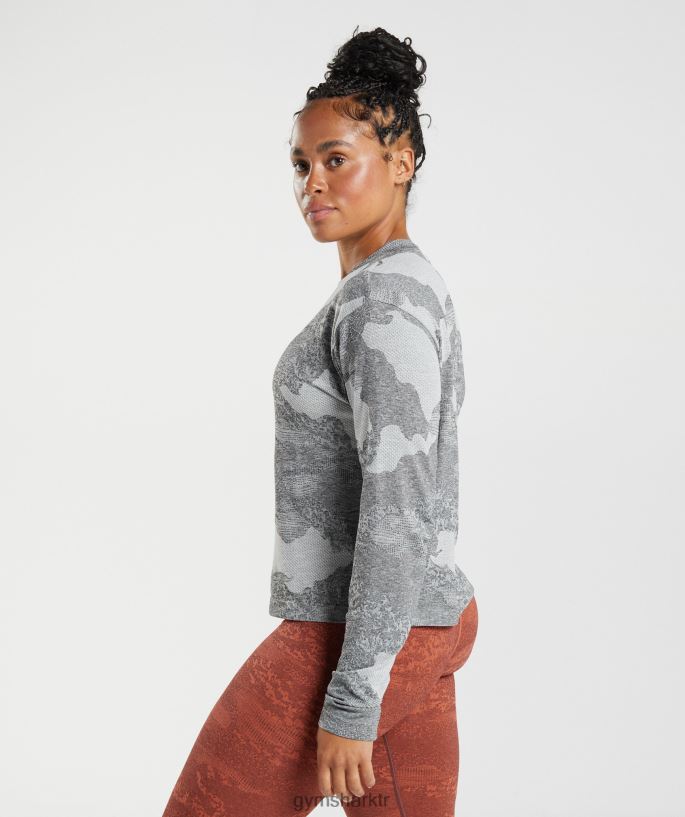 kamuflaj dikişsiz uzun kollu top 8H4J02465 Gymshark Giyim kadınlar açık gri/siyah