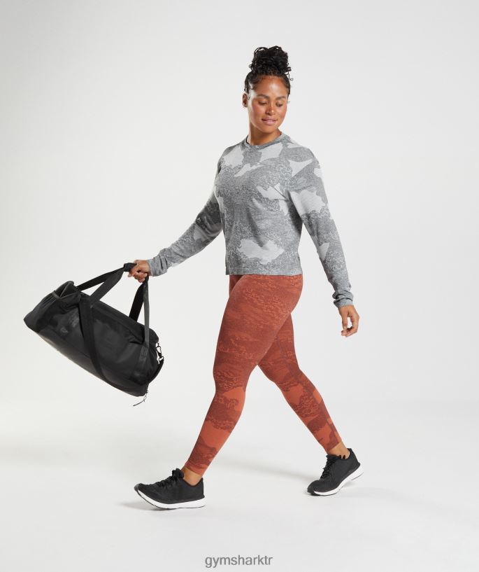 kamuflaj dikişsiz uzun kollu top 8H4J02465 Gymshark Giyim kadınlar açık gri/siyah