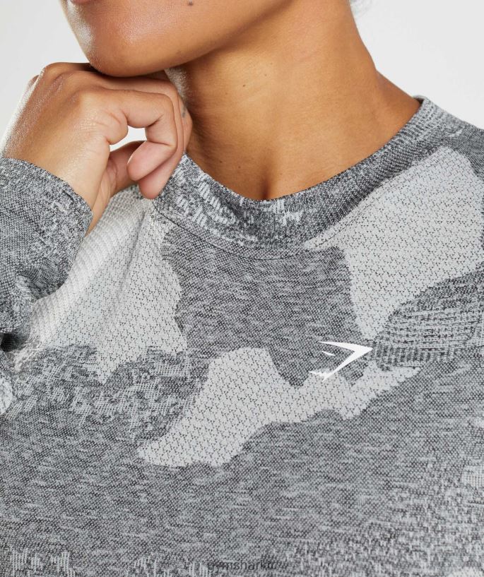 kamuflaj dikişsiz uzun kollu top 8H4J02465 Gymshark Giyim kadınlar açık gri/siyah