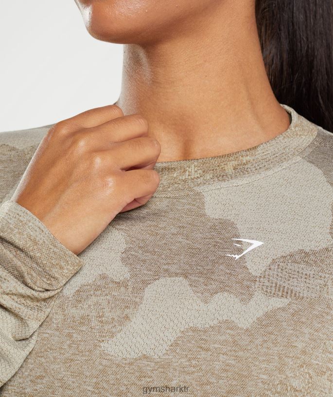 kamuflaj dikişsiz uzun kollu top 8H4J02477 Gymshark Giyim kadınlar çakıl grisi/ruh kahvesi