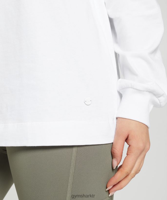 pamuklu büyük beden uzun kollu top 8H4J02420 Gymshark Giyim kadınlar beyaz