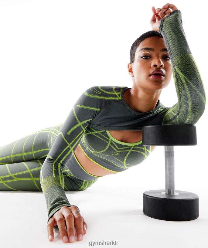 wtflex lineer dikişsiz uzun kollu omuz silkme 8H4J02490 Gymshark Giyim kadınlar kömür grisi/fluo yeşil/açık gri