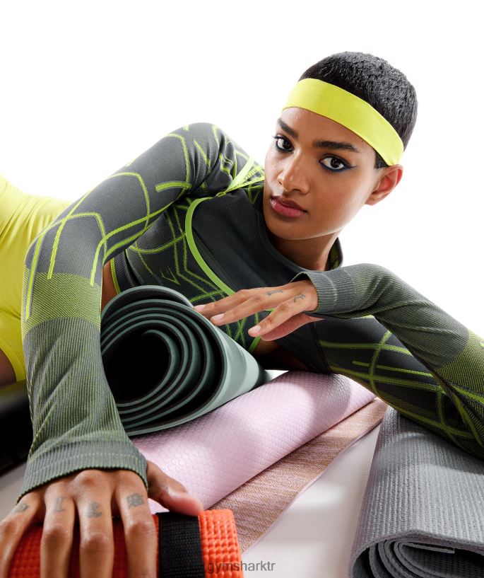 wtflex lineer dikişsiz uzun kollu omuz silkme 8H4J02490 Gymshark Giyim kadınlar kömür grisi/fluo yeşil/açık gri